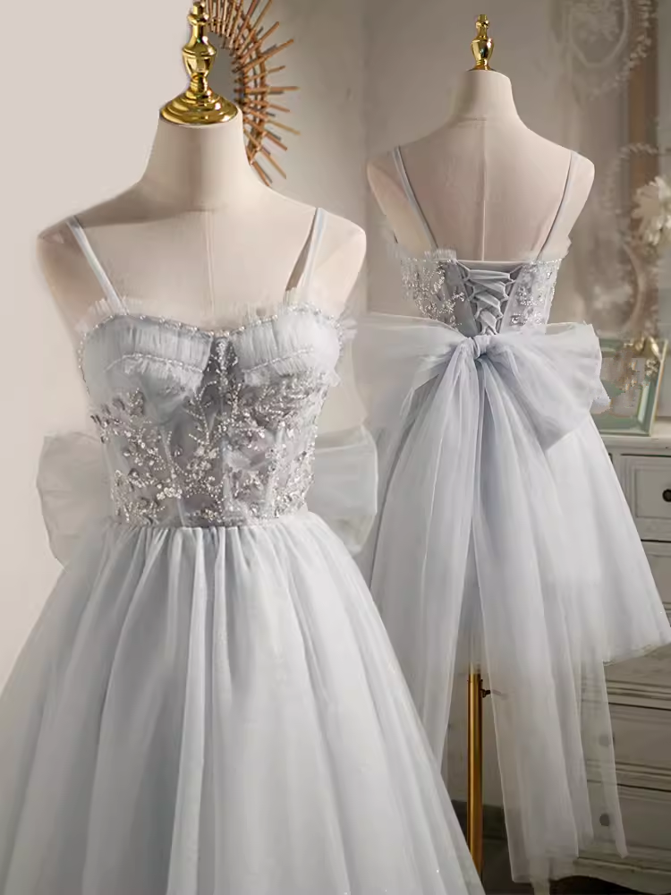 Robe de bal élégante à bretelles en Tulle, robe de soirée grise, robes de bal C433