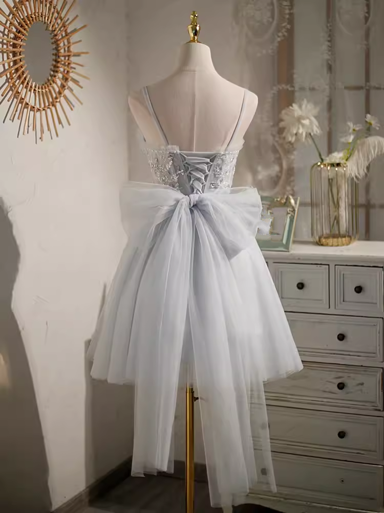 Elegant Ball Gown Straps Tulle Party Dress Gray Homecoming Dresses C433