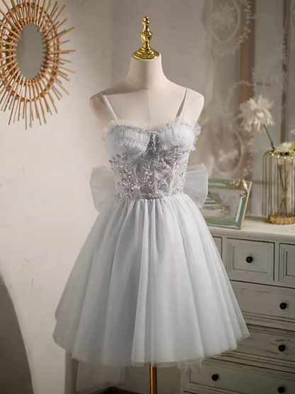 Robe de bal élégante à bretelles en Tulle, robe de soirée grise, robes de bal C433