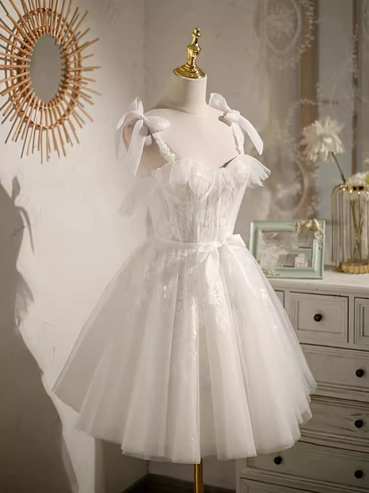 Robe de bal élégante à bretelles en Tulle, robe de soirée blanche, robes de bal C434