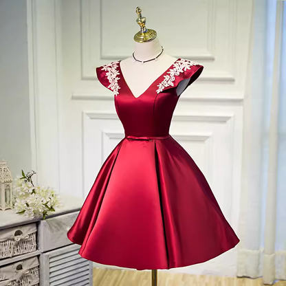 Elegant Ball Gown V Neckline Satin Party Dress Burgundy Homecoming Dresses C435