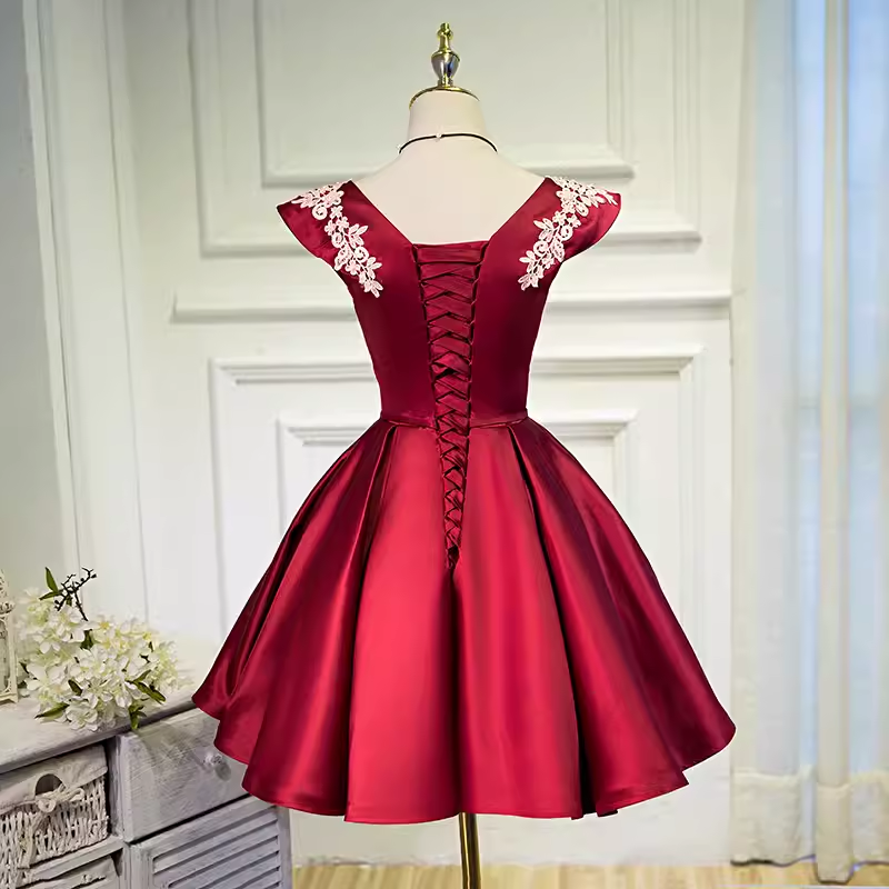 Elegant Ball Gown V Neckline Satin Party Dress Burgundy Homecoming Dresses C435