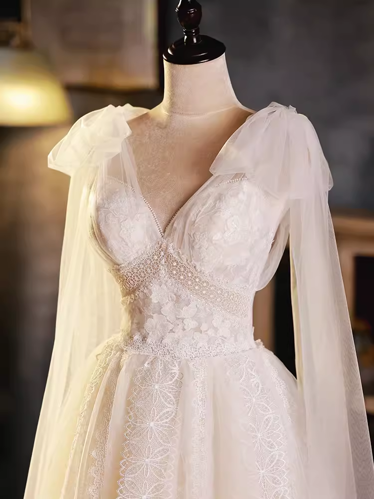 Robe de bal élégante, décolleté en V, en Tulle, robe de soirée en dentelle blanche, robes de soirée, C439