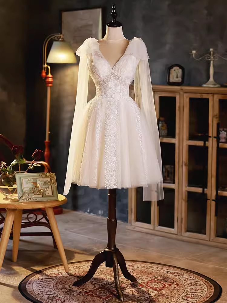 Robe de bal élégante, décolleté en V, en Tulle, robe de soirée en dentelle blanche, robes de soirée, C439