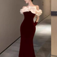 Sexy Mermaid Burgundy Velvet Prom Dresses With Gloves C43