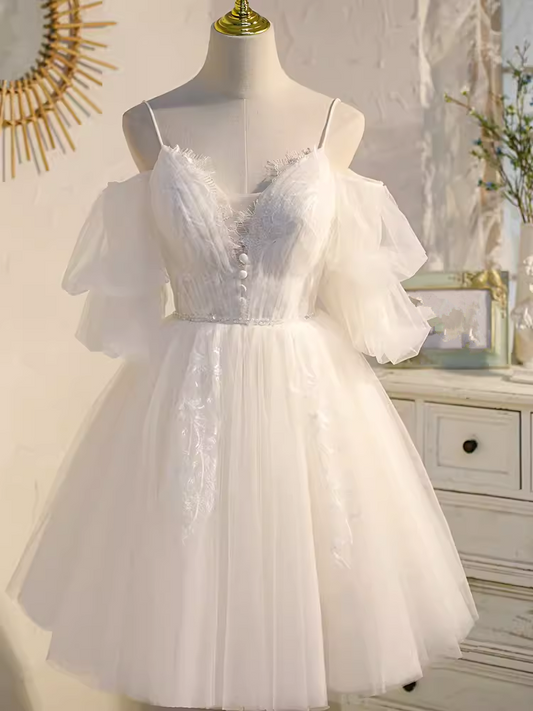 Robe de bal élégante à bretelles en Tulle, robe de soirée blanche, robes de bal C440