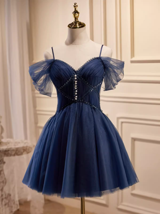 Elegant Ball Gown Straps Tulle Party Dress Navy Blue Homecoming Dresses C443