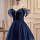 Elegant Ball Gown Straps Tulle Party Dress Navy Blue Homecoming Dresses C443