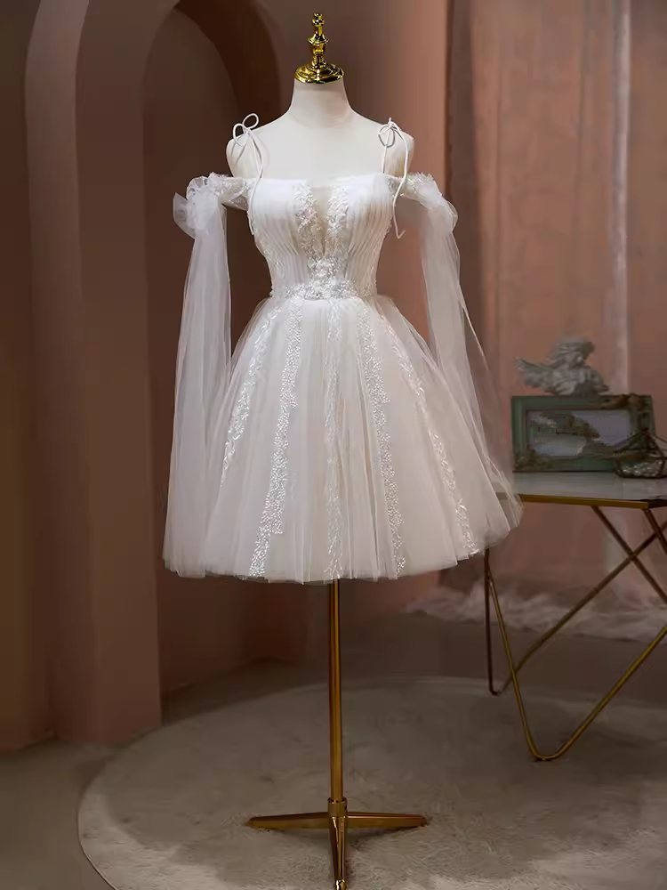 Robe de bal élégante à bretelles en Tulle, robe de soirée blanche, robe de soirée C445