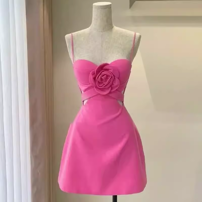 Robe d'anniversaire rose élégante, ligne A, bretelles, robes de soirée courtes, C446