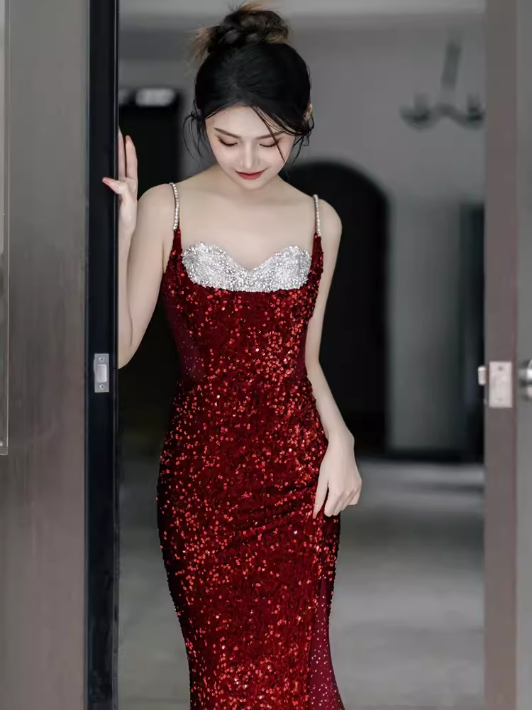 Sexy Mermaid Burgundy Sequin Prom Dresses C44