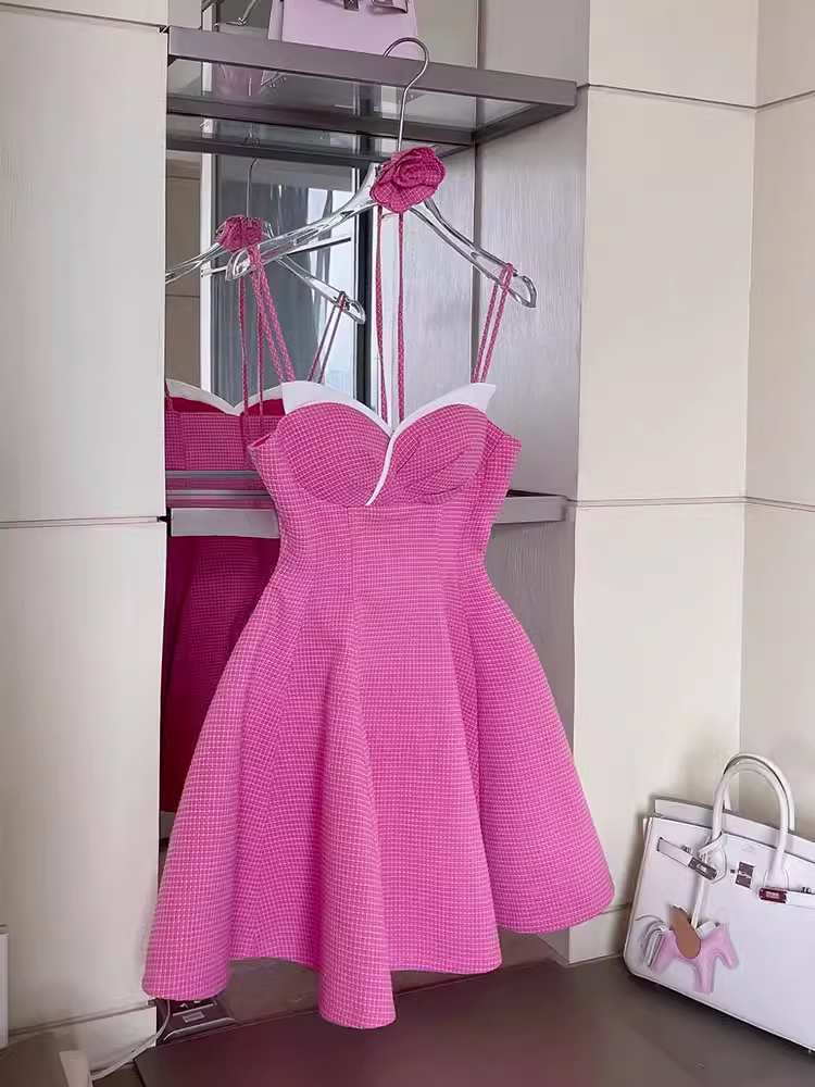 Robe d'anniversaire rose sexy à bretelles trapèze, robes courtes de soirée, C450