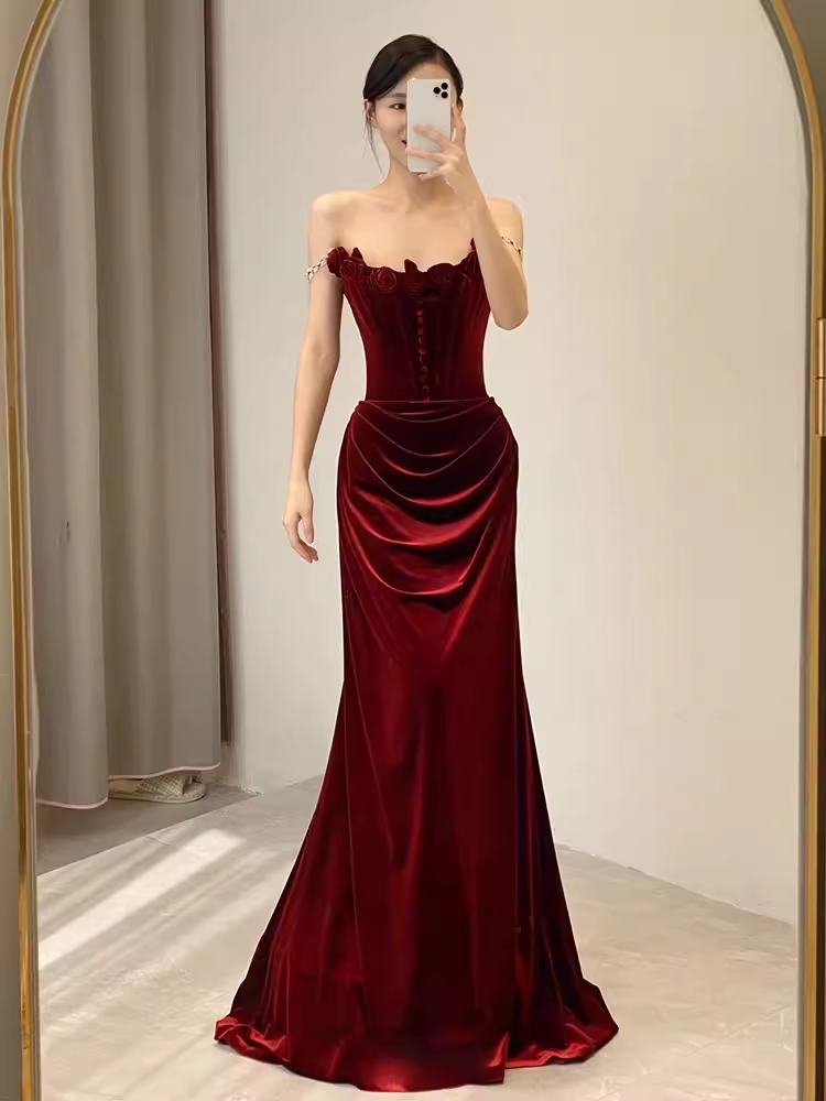 Vintage Mermaid Burgundy Velvet Long Prom Dresses C45