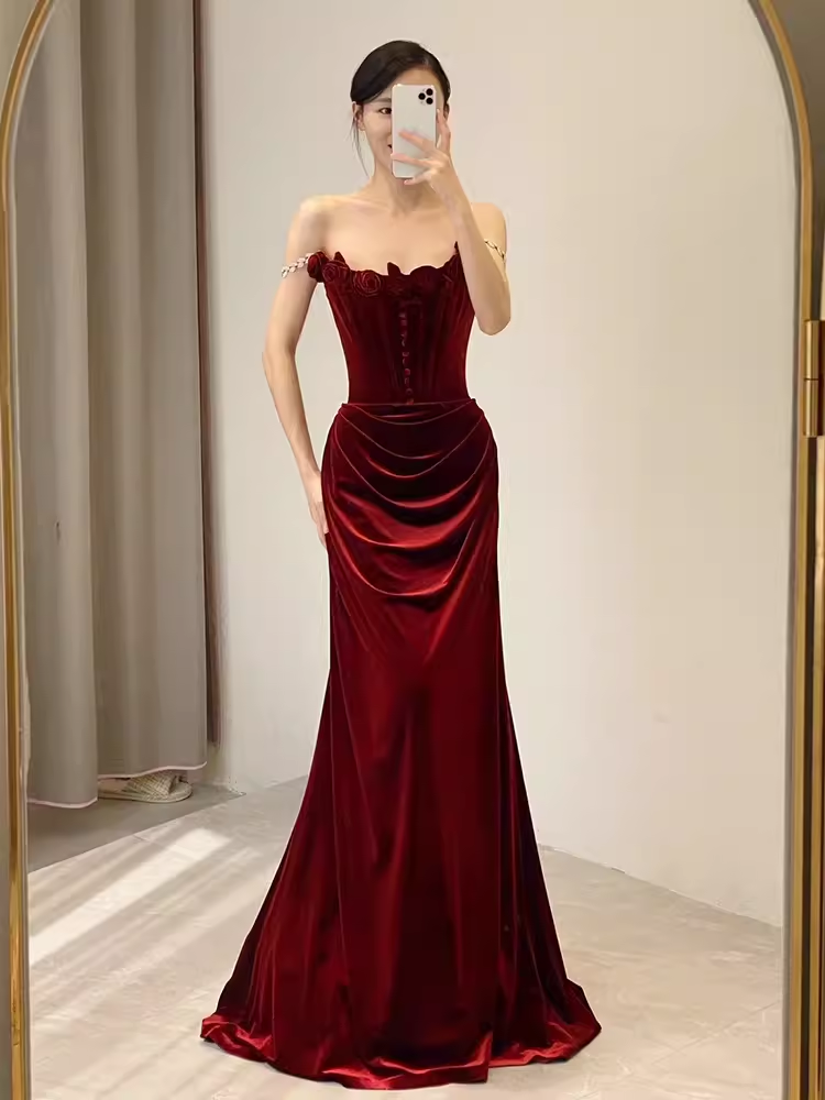 Vintage Mermaid Burgundy Velvet Long Prom Dresses C45