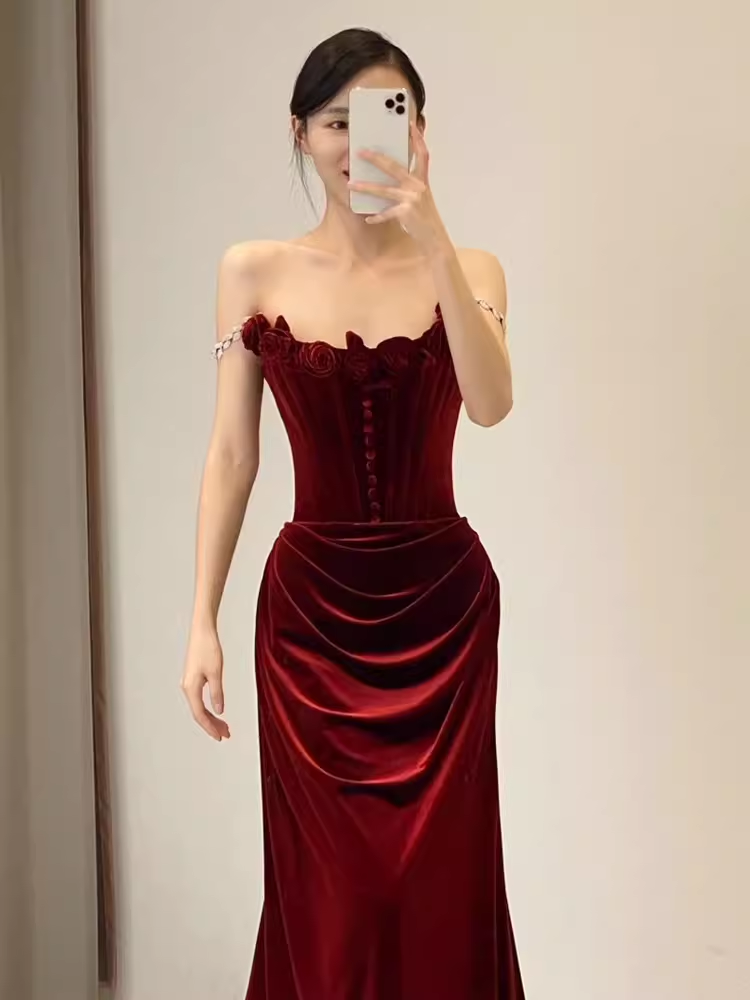 Robes de bal longues en velours bordeaux sirène vintage C45