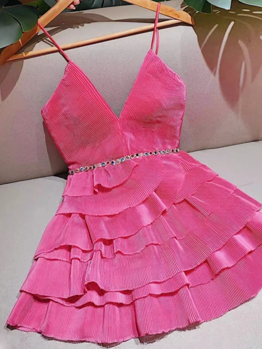 Simple A line Spaghetti Straps Pink Birthday Dress Chiffon Homecoming Dresses C462