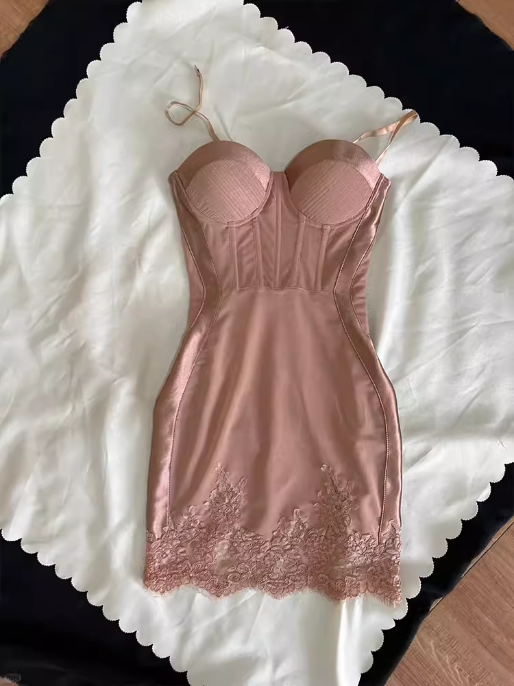 Robe d'anniversaire courte à bretelles fourreau simples, robes de soirée roses C465