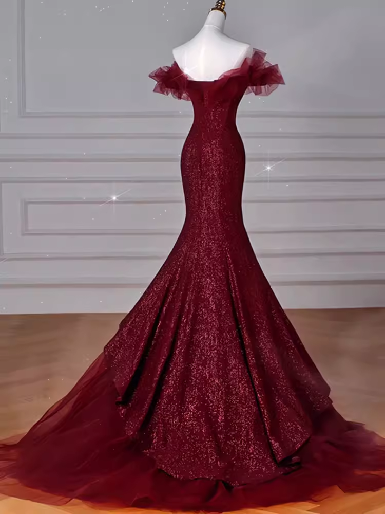 Sexy Mermaid Off the Shoulder Burgundy Sequin Prom Dresses C46