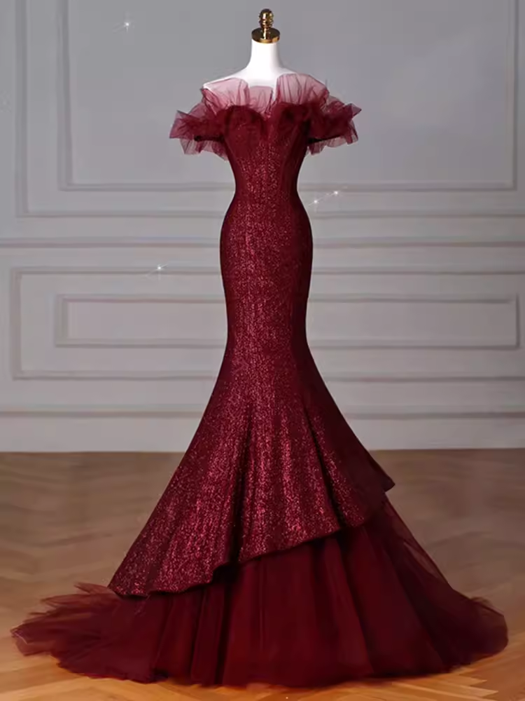 Sexy Mermaid Off the Shoulder Burgundy Sequin Prom Dresses C46