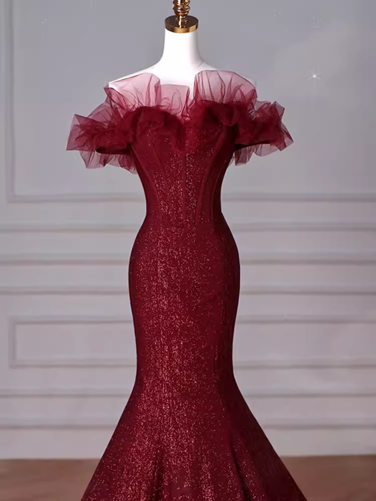 Sexy Mermaid Off the Shoulder Burgundy Sequin Prom Dresses C46