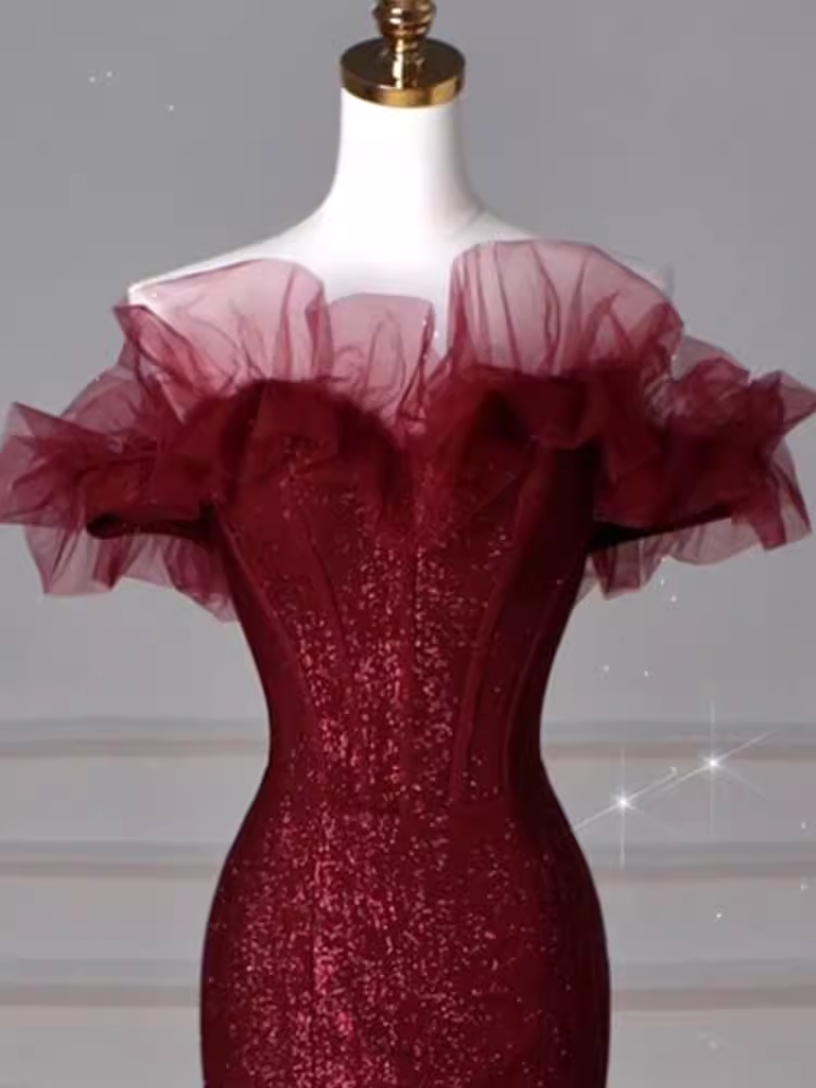 Sexy Mermaid Off the Shoulder Burgundy Sequin Prom Dresses C46