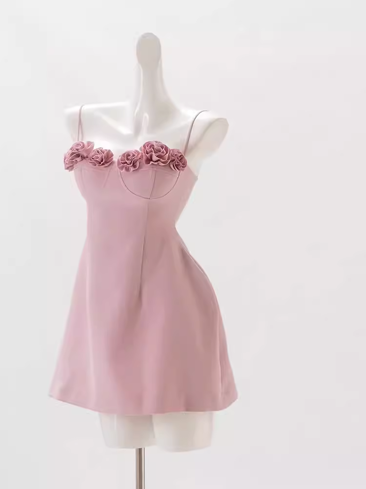 Robe d'anniversaire courte à bretelles trapèze, robes de soirée roses simples, C475