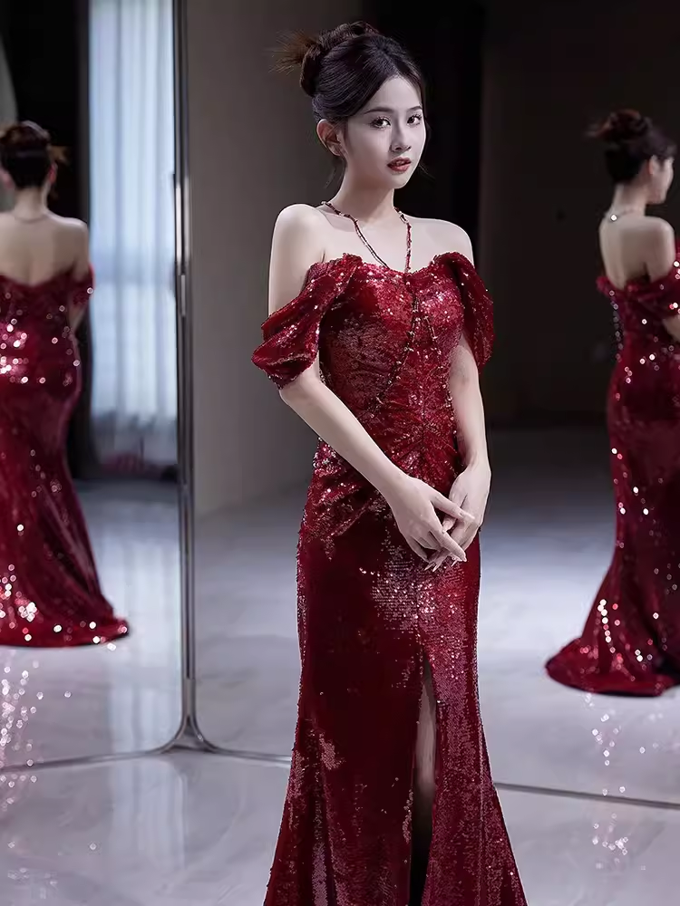 Sexy Mermaid Off the Shoulder Burgundy Sequin Prom Dresses C47