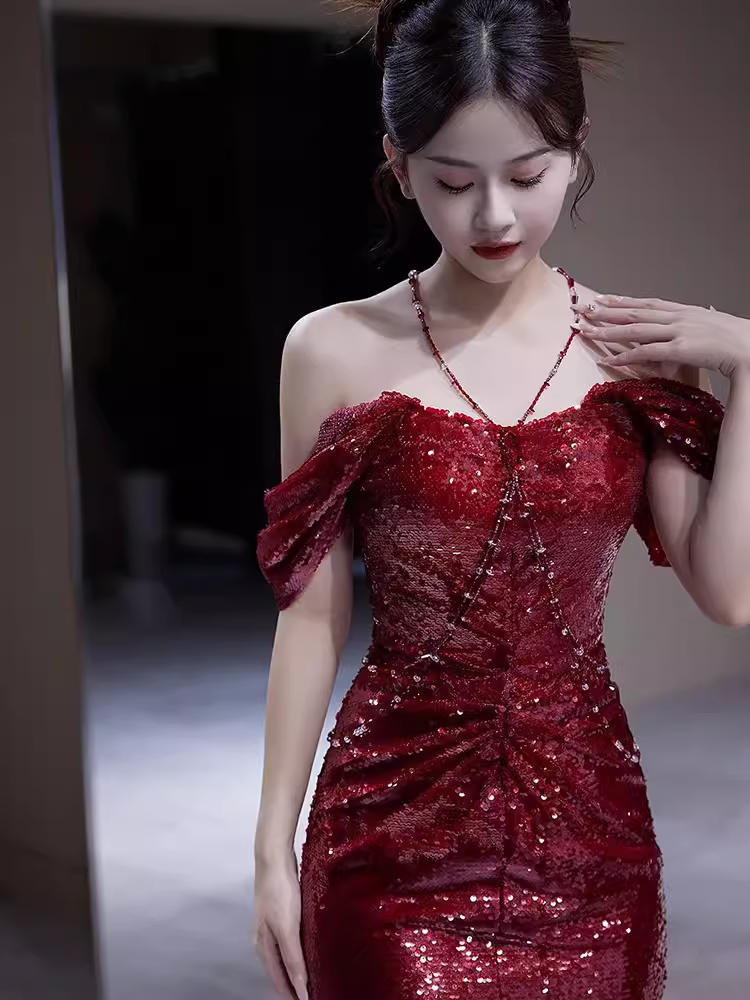 Sexy Mermaid Off the Shoulder Burgundy Sequin Prom Dresses C47