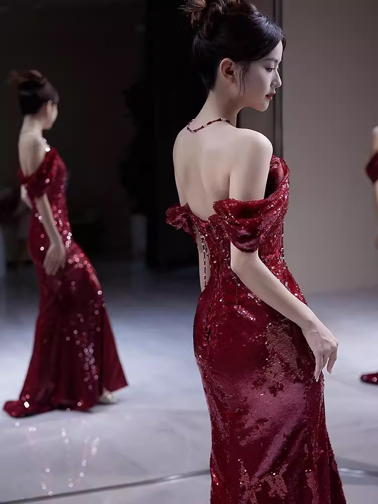 Sexy Mermaid Off the Shoulder Burgundy Sequin Prom Dresses C47