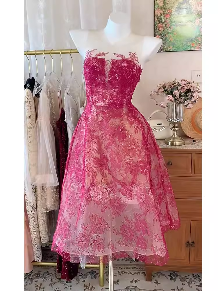 Simple A line Scoop Pink Birthday Dress Lace Homecoming Dresses C492