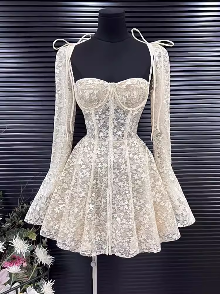 Robe trapèze courte en dentelle pour anniversaire, tenue de soirée Simple, C493