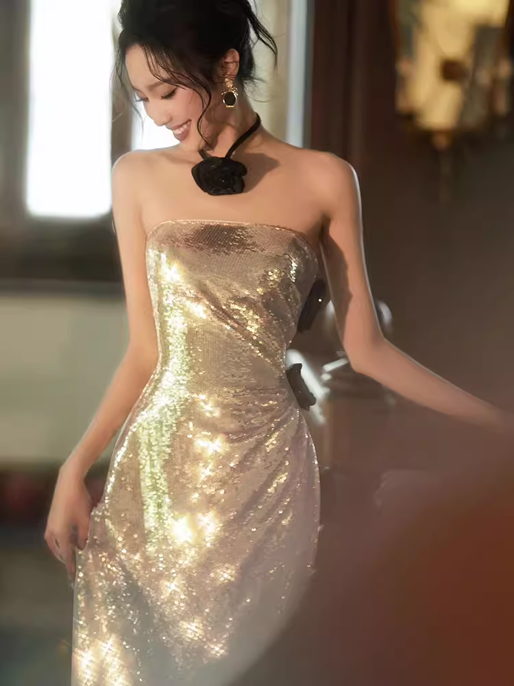 Sexy Mermaid Strapless Sequin Gold Prom Dresses C49