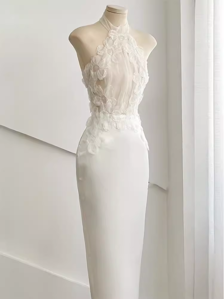 Robe fourreau blanche élégante en dentelle, tenue d'anniversaire, robes de soirée, C507