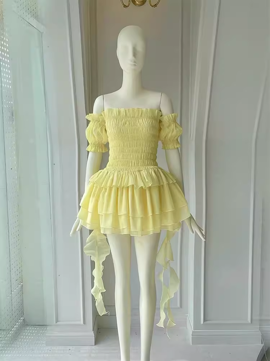 Elegant A Line Yellow Birthday Dress Chiffon Short Sleeves Homecoming Dresses C509