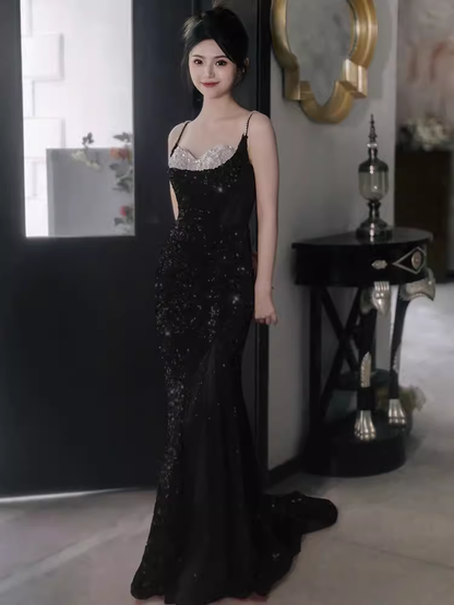 Sexy Mermaid Straps Sequin Black Prom Dresses C50