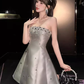 Robe de soirée en Satin gris, ligne A, sans bretelles, Vintage, tenues de 19e anniversaire, C512