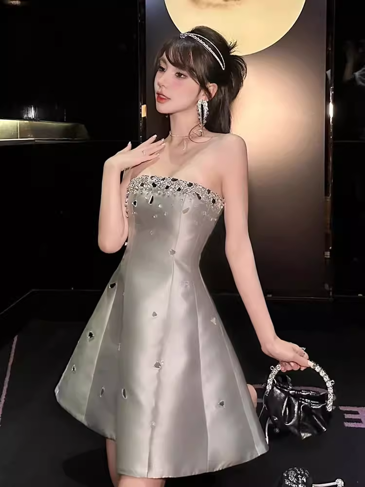 Robe de soirée en Satin gris, ligne A, sans bretelles, Vintage, tenues de 19e anniversaire, C512