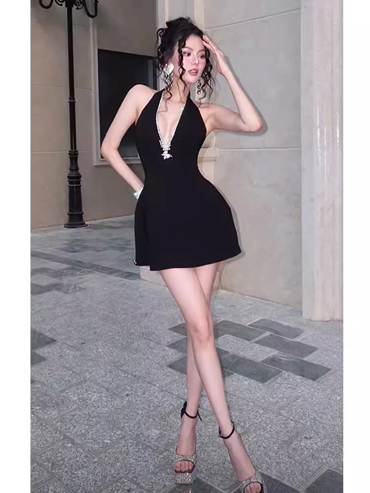 Robe de soirée courte noire Vintage, ligne A, dos nu, tenue de 19e anniversaire, C518