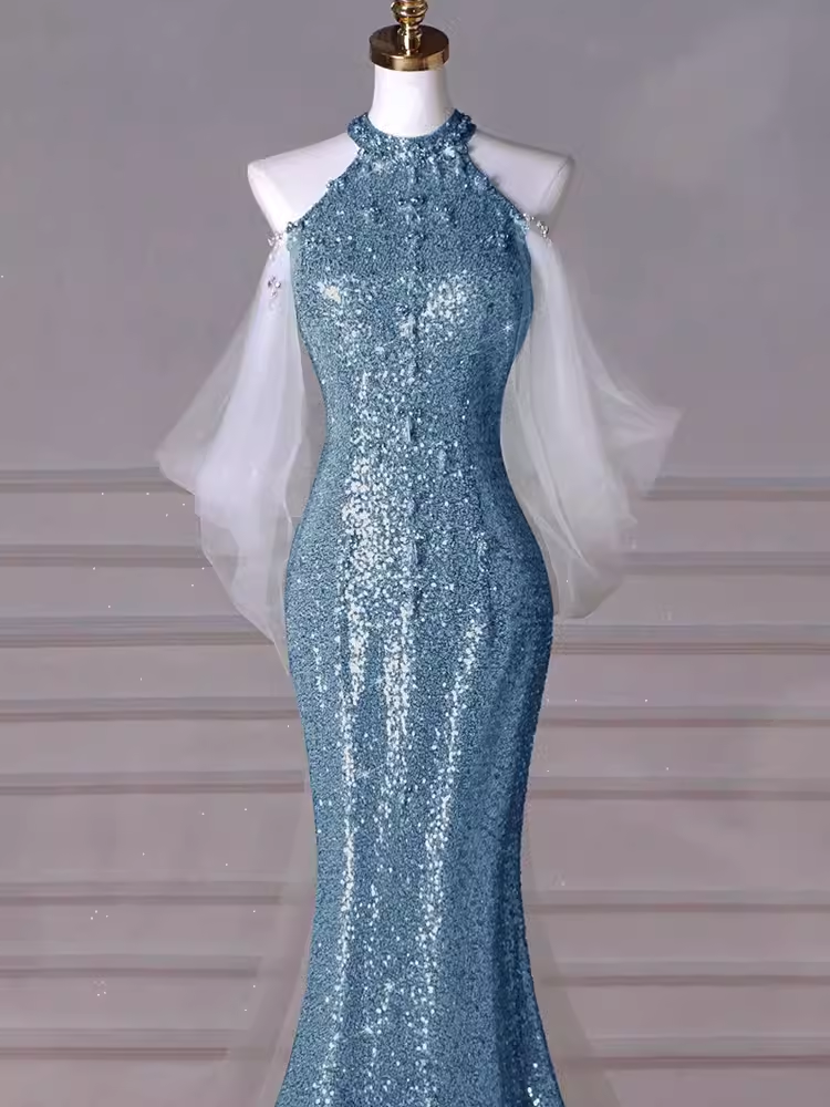 Sexy Mermaid Sequin Blue Prom Dresses C51