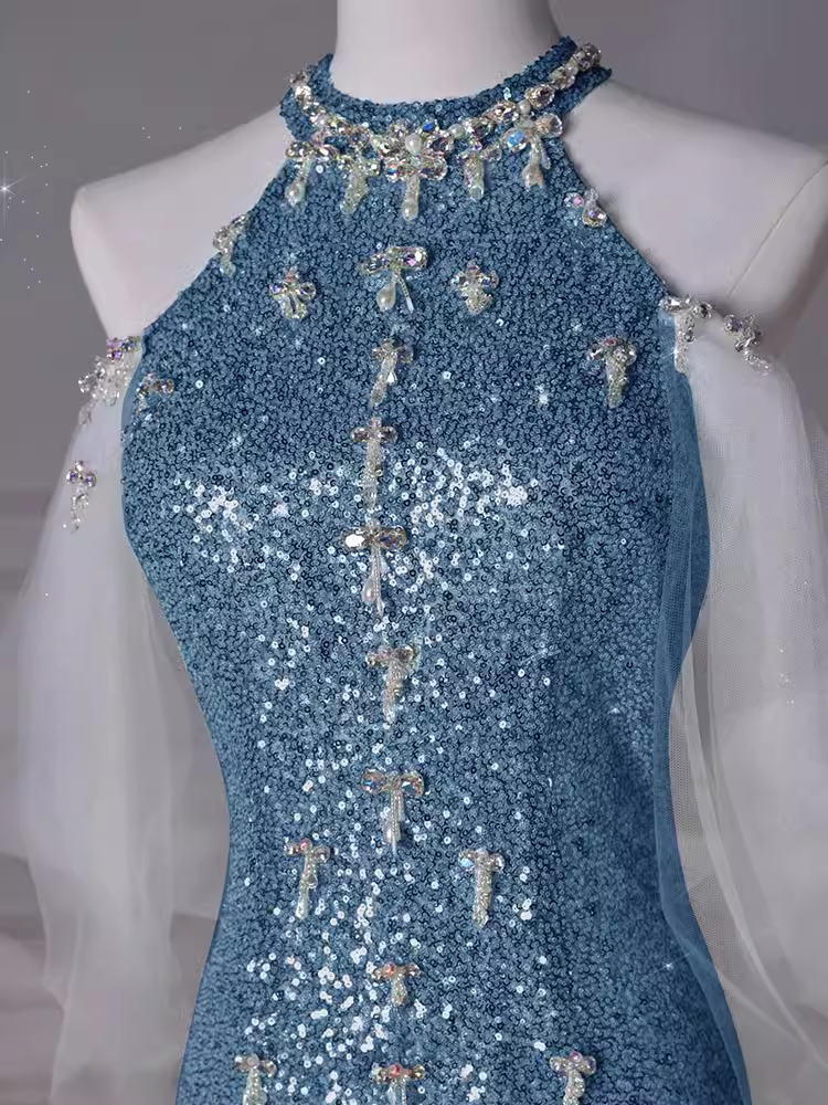 Sexy Mermaid Sequin Blue Prom Dresses C51