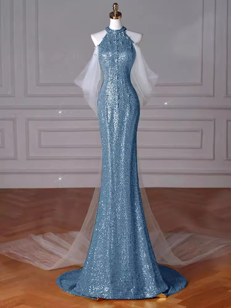 Sexy Mermaid Sequin Blue Prom Dresses C51