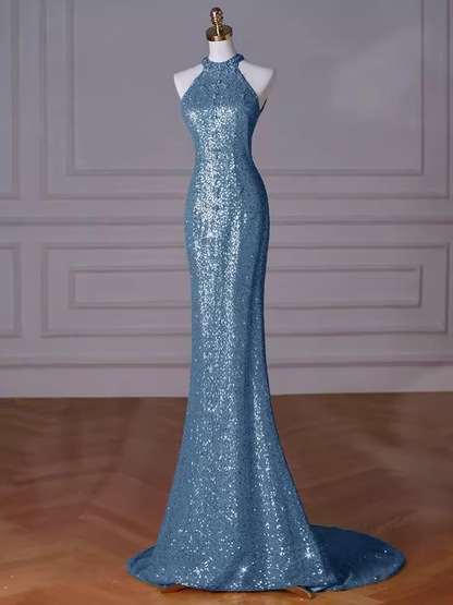 Sexy Mermaid Sequin Blue Prom Dresses C51