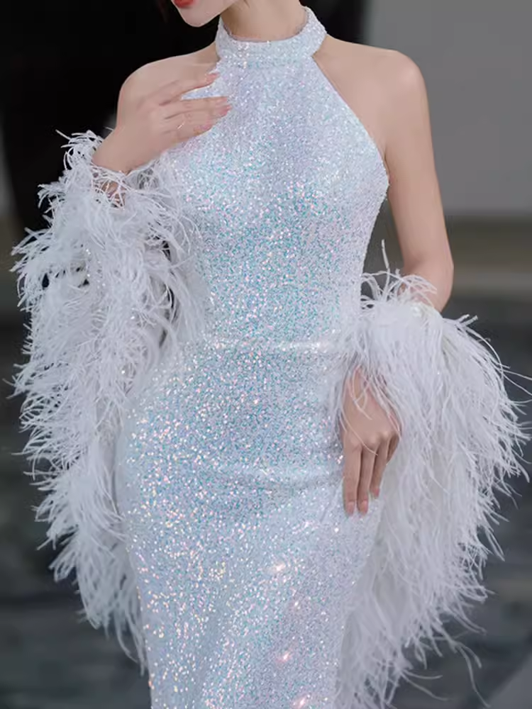 Sexy Mermaid Sequin White Prom Dresses C52