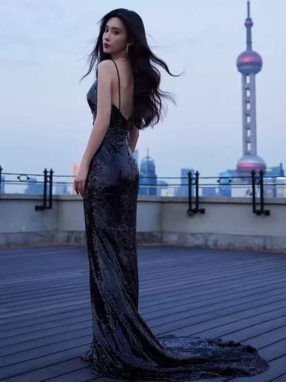 Sexy Mermaid Sequin Black Prom Dresses C53