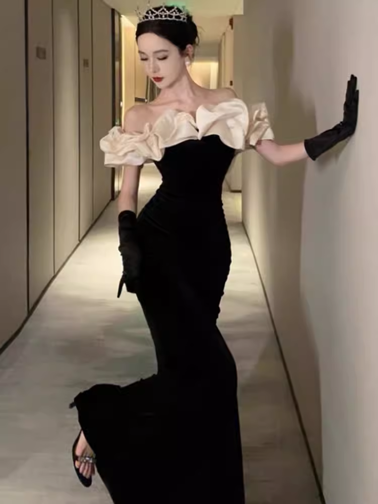 Sirène sexy sur l'épaule robes de bal noires C54