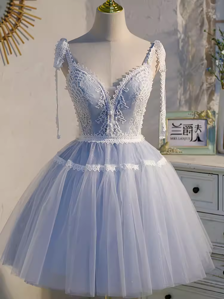 Cute Ball Gown Straps Gray Birthday Outfits Tulle Homecoming Dresses C551