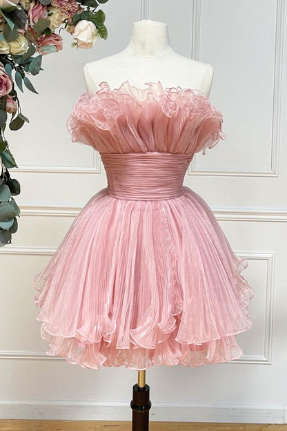 Jolie robe de bal sans bretelles à volants rose mini robe de soirée C562