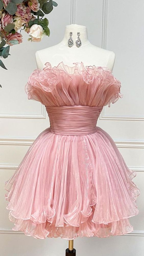 Jolie robe de bal sans bretelles à volants rose mini robe de soirée C562