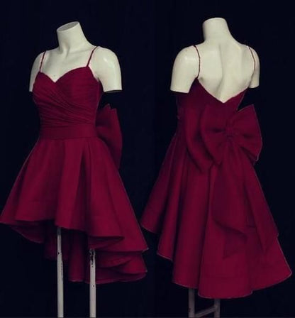 Jolie robe de bal courte bordeaux, haute et basse, avec nœud, robes de soirée, C563