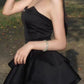 Chic Strapless Black Satin Short Prom Dresses Layered Black Homecoming Dresses C564